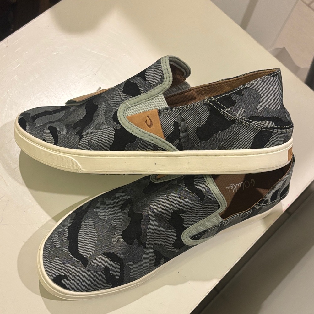 OluKai Sage and Black Slip-On Shoes